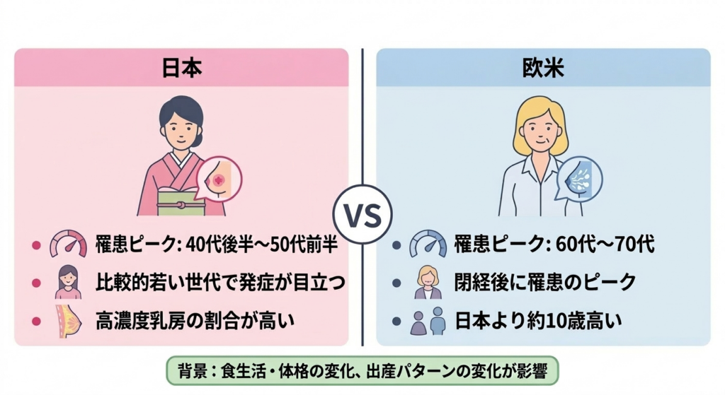 日本人女性の乳がん年齢別発症率のイメージ — 40代後半にピークがある特徴