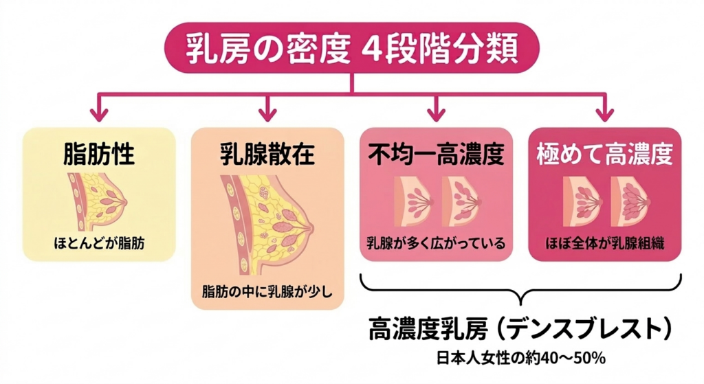 高濃度乳房(デンスブレスト)とマンモグラフィーの限界を示す図解