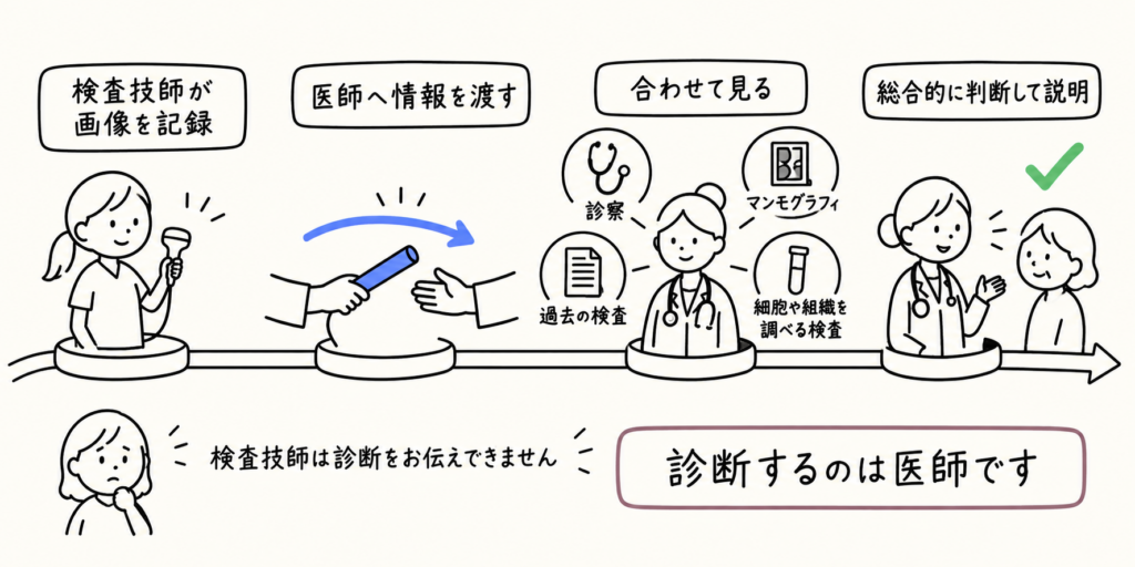 検査技師が画像を記録し、医師へ情報を渡し、診察・マンモグラフィ・過去の検査・細胞や組織を調べる検査と合わせて医師が総合的に判断して説明するまでのバトンリレー図