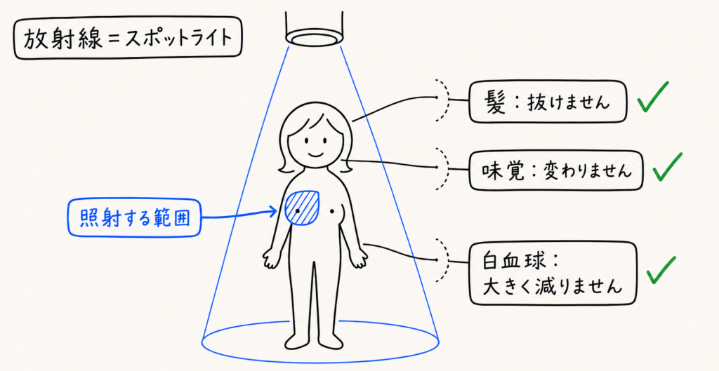 放射線が当たるのは乳房の照射範囲だけで、髪は抜けず、味覚も変わらず、白血球も大きく減らないことをスポットライトにたとえて示した図