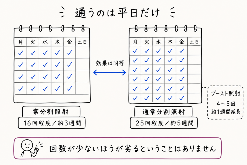 通うのは平日だけ。寡分割照射は16回程度・約3週間、通常分割照射は25回程度・約5週間で効果は同等、ブースト照射は4〜5回・約1週間延長となることを示したカレンダー図