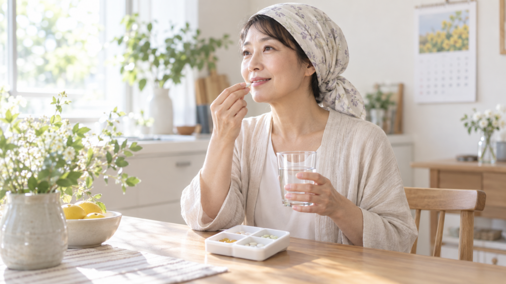 朝の食卓で吐き気止めの錠剤を水で飲む、ヘッドスカーフをつけた女性