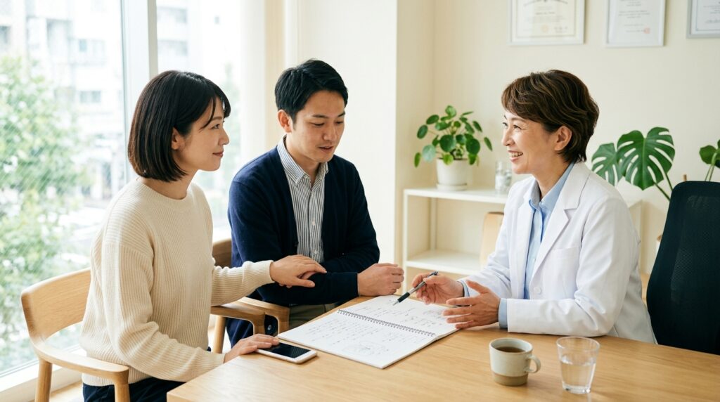 30代の夫婦が明るい診察室で女性医師から将来の妊娠について説明を受けている様子