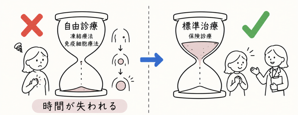 自由診療（凍結療法・免疫細胞療法）と保険診療の標準治療を砂時計で対比した図。自由診療の間に時間が失われしこりが大きくなる。失うのはお金より時間