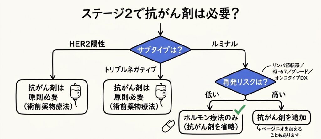 ステージ2の治療は「広がり（ステージ）」と「性質（サブタイプ）」の2つの軸で決まることを示した図